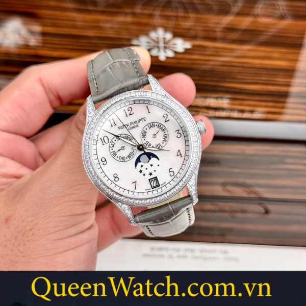 ban dong ho patek philippe super fake complications vo vien diamond mat so trang day da xam 38mm 1