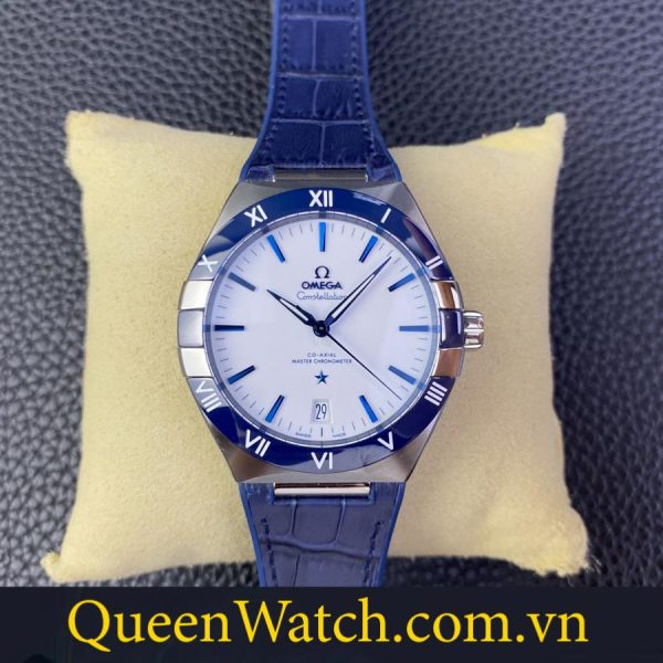 dong ho omega constellation replica 11 vo thep trang mat so trang day cao su lot da xanh 41mm 6